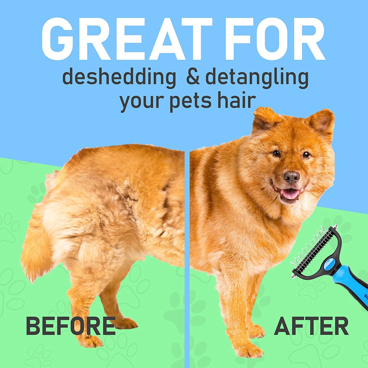 Pet Grooming Brush - Double Sided Shedding and Dematting Undercoat Rake Comb for Dogs and Cats,Extra Wide, Blue, Dog Grooming Brush, Dog Shedding Brush