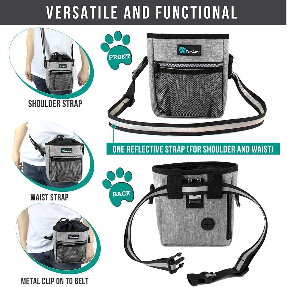 Dog Training Pouch Bag with Waist Shoulder Strap, Poop Bag Dispenser and Collapsible Bowl 