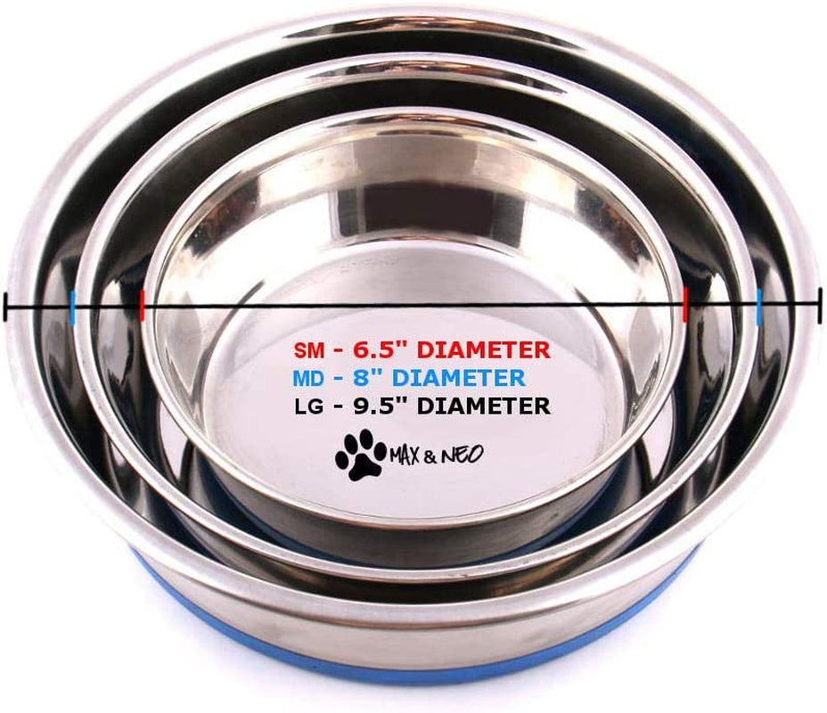 Max and Neo Heavyweight Non-Skid Rubber Bottom Stainless Steel Dog Bowl - We Donate a Bowl to a Dog Rescue for Every Bowl Sold (Large - 80Oz - 9.5" Diameter)