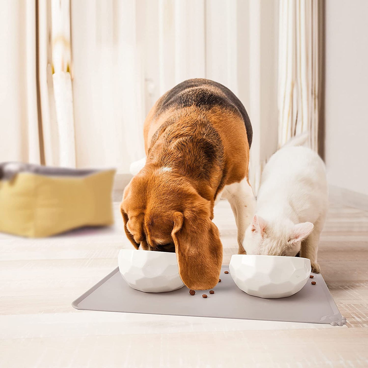 Dog Bowls,Ceramic Dog-Food Bowl and Water Bowl Set for Small Size Dogs and Cats ,No Spill Non Skid Dog Bowl Mat and Tilted Double Pet Bowls,Set of 3,20 Oz