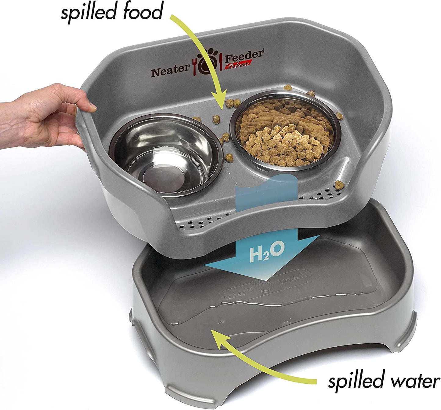 Neater Feeder Deluxe for Medium Dogs - Mess Proof Pet Feeder with Stainless Steel Food & Water Bowls - Drip Proof, Non-Tip, and Non-Slip - Gunmetal Grey